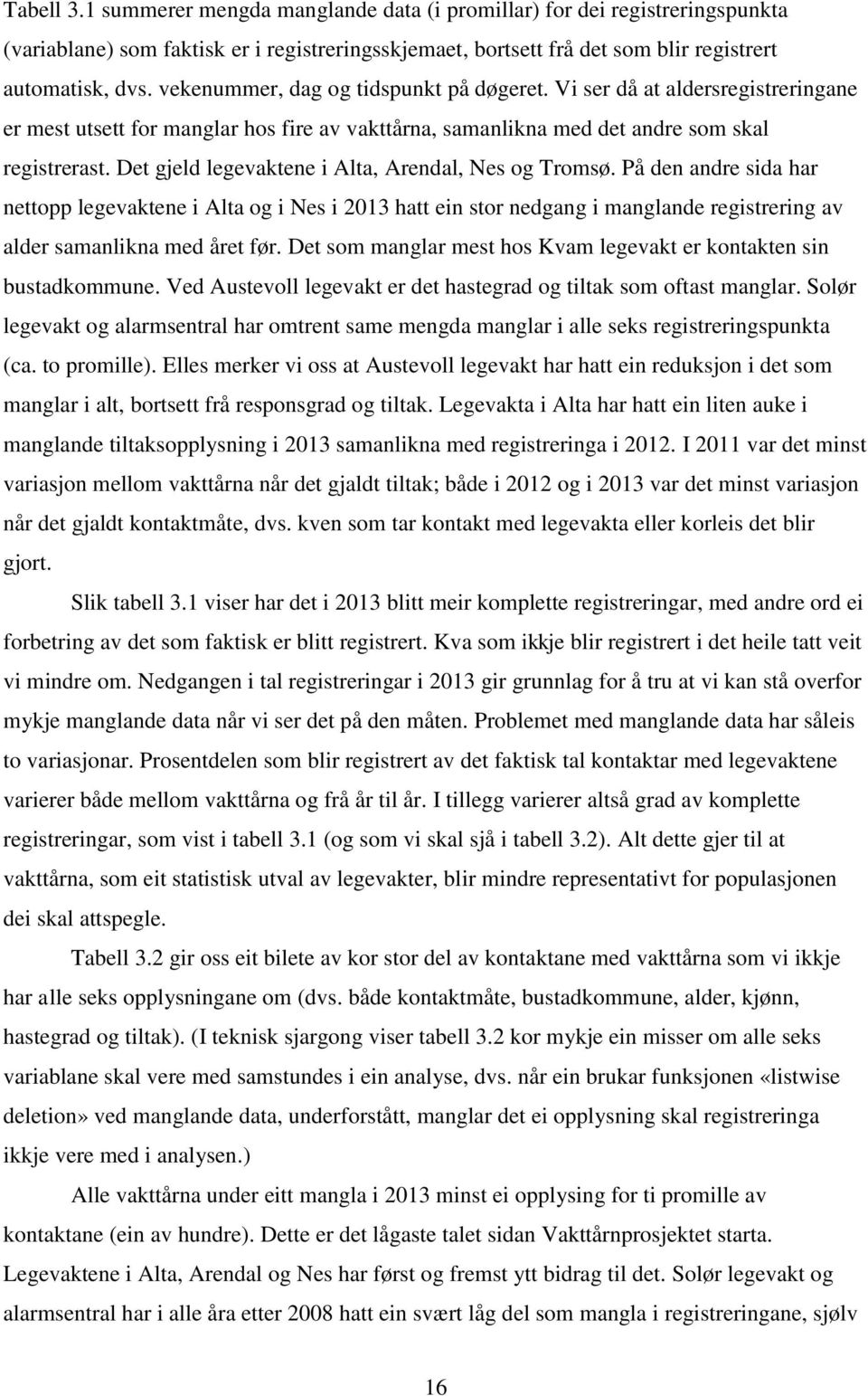 Det gjeld legevaktene i Alta, Arendal, Nes og Tromsø. På den andre sida har nettopp legevaktene i Alta og i Nes i 2013 hatt ein stor nedgang i manglande registrering av alder samanlikna med året før.