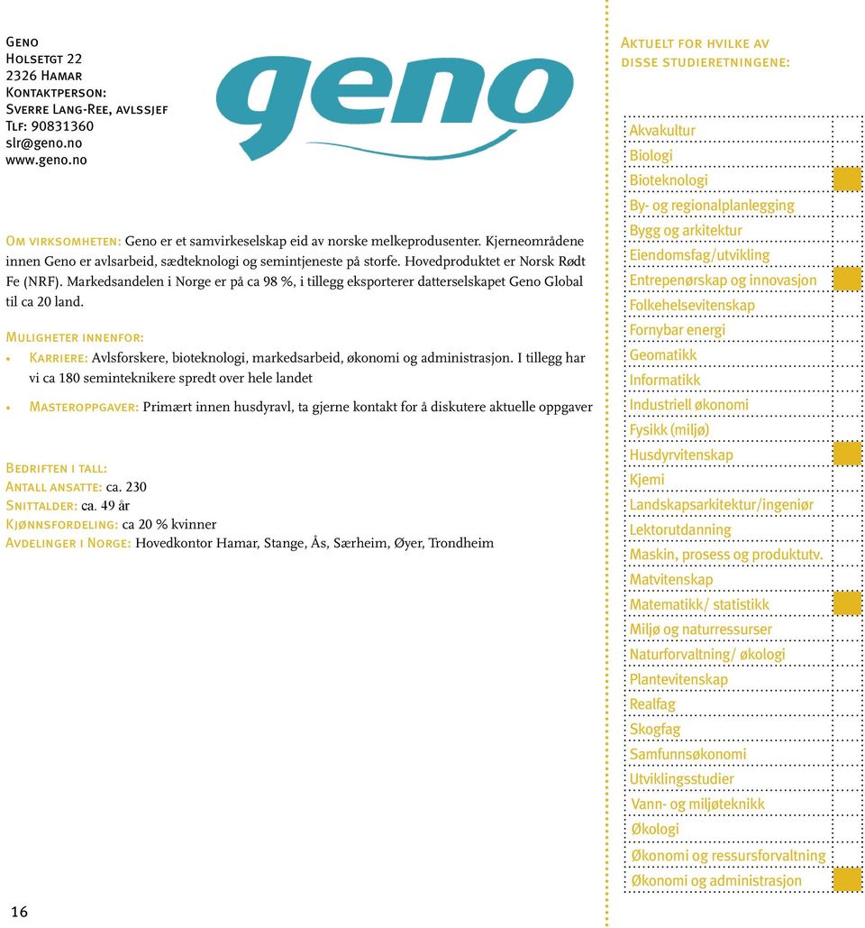 Markedsandelen i Norge er på ca 98 %, i tillegg eksporterer datterselskapet Geno Global til ca 20 land. Karriere: Avlsforskere, bioteknologi, markedsarbeid, økonomi og administrasjon.