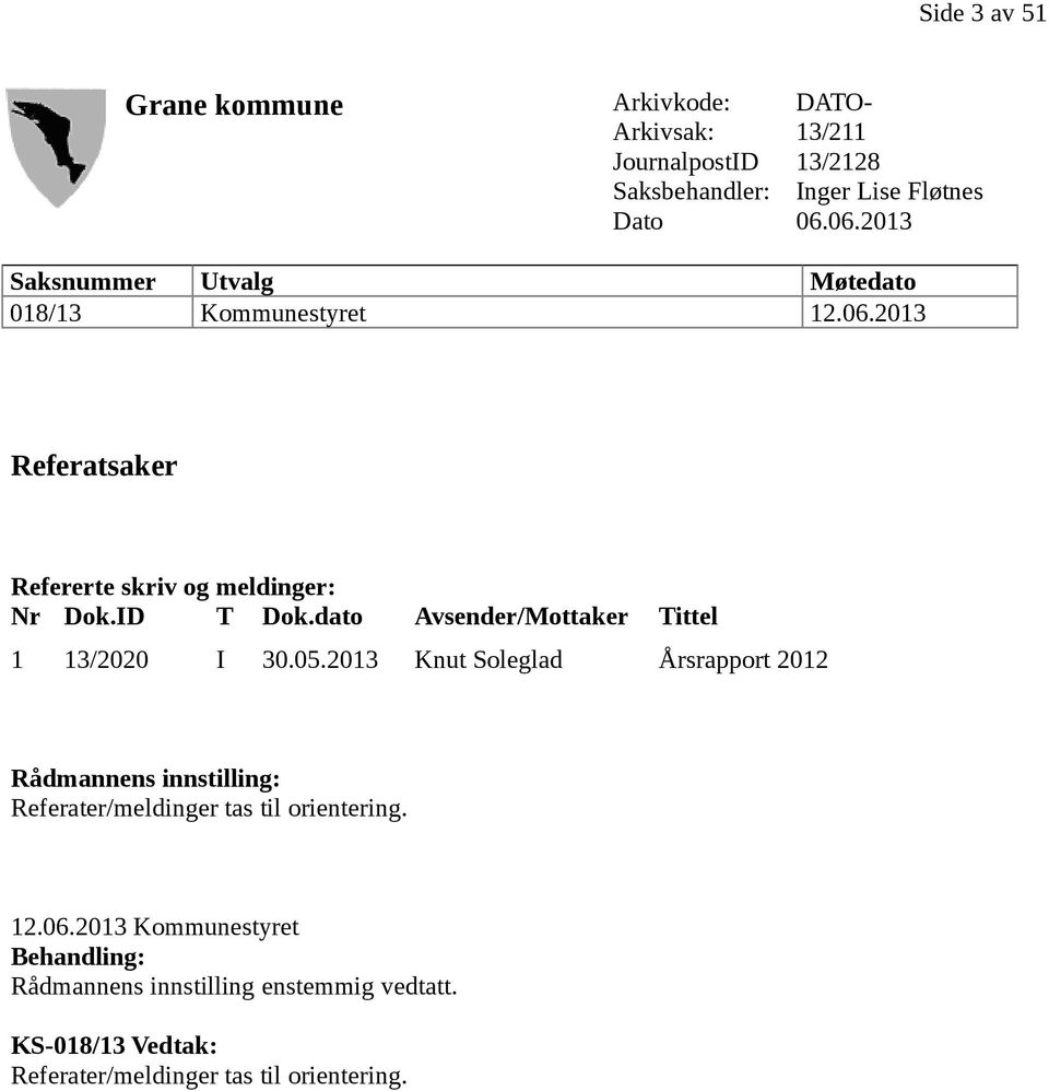 dato Avsender/Mottaker Tittel 1 Knut Soleglad Årsrapport 2012 13/2020 I 30.05.