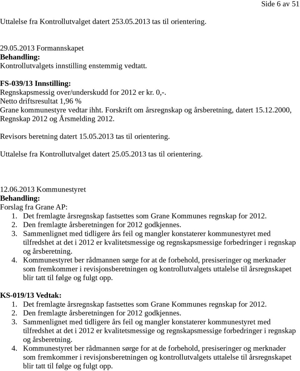 Revisors beretning datert 15.05.2013 tas til orientering. Uttalelse fra Kontrollutvalget datert 25.05.2013 tas til orientering. 12.06.2013 Kommunestyret Behandling: Forslag fra Grane AP: 1.