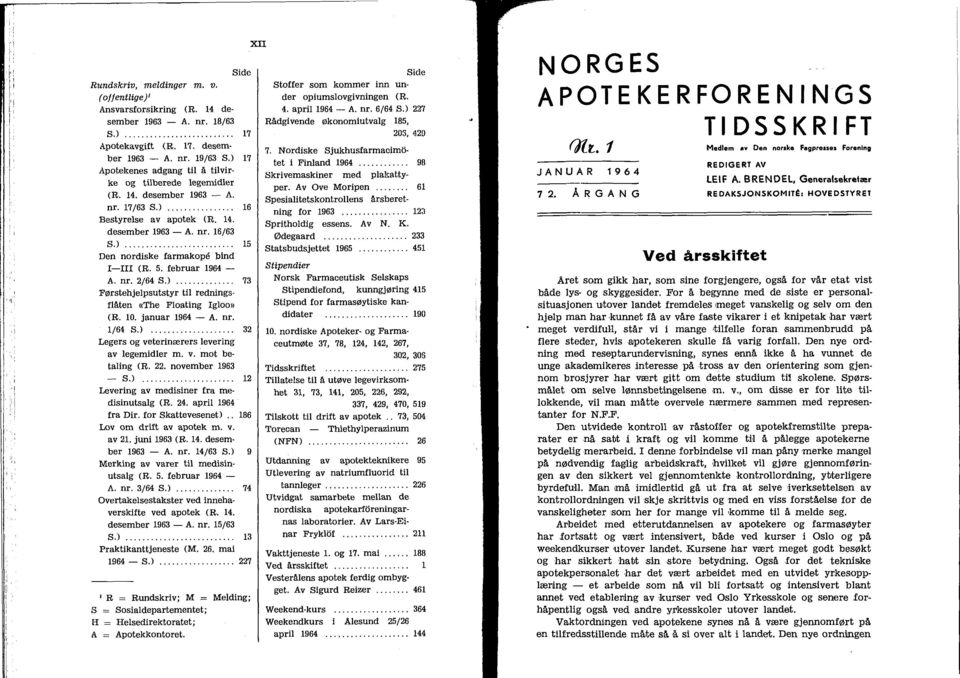 5. februar 1964 - A. nr. 2/64 S.).............. 73 Førstehjelpsutstyr til redningsflåten ccthe Floating Igloo)) (R. 10. januar 1964 - A. nr. 1/64 S.).................... 32 Legers og veterinærers levering av legemidler m.