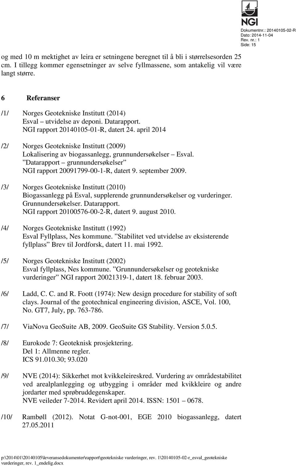 april 2014 /2/ Norges Geotekniske Institutt (2009) Lokalisering av biogassanlegg, grunnundersøkelser Esval. Datarapport grunnundersøkelser NGI rapport 20091799-00-1-R, datert 9. september 2009.