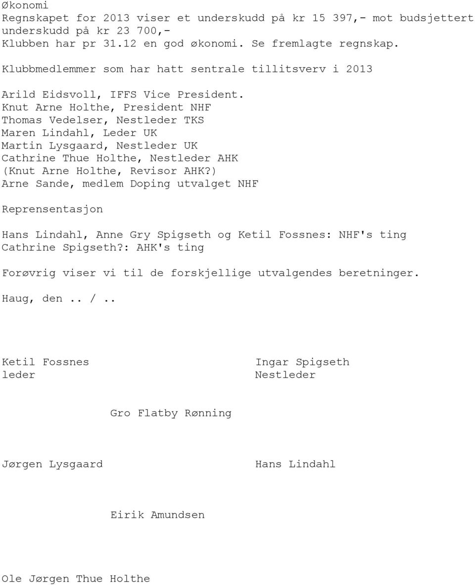 Knut Arne Holthe, President NHF Thomas Vedelser, Nestleder TKS Maren Lindahl, Leder UK Martin Lysgaard, Nestleder UK Cathrine Thue Holthe, Nestleder AHK (Knut Arne Holthe, Revisor AHK?