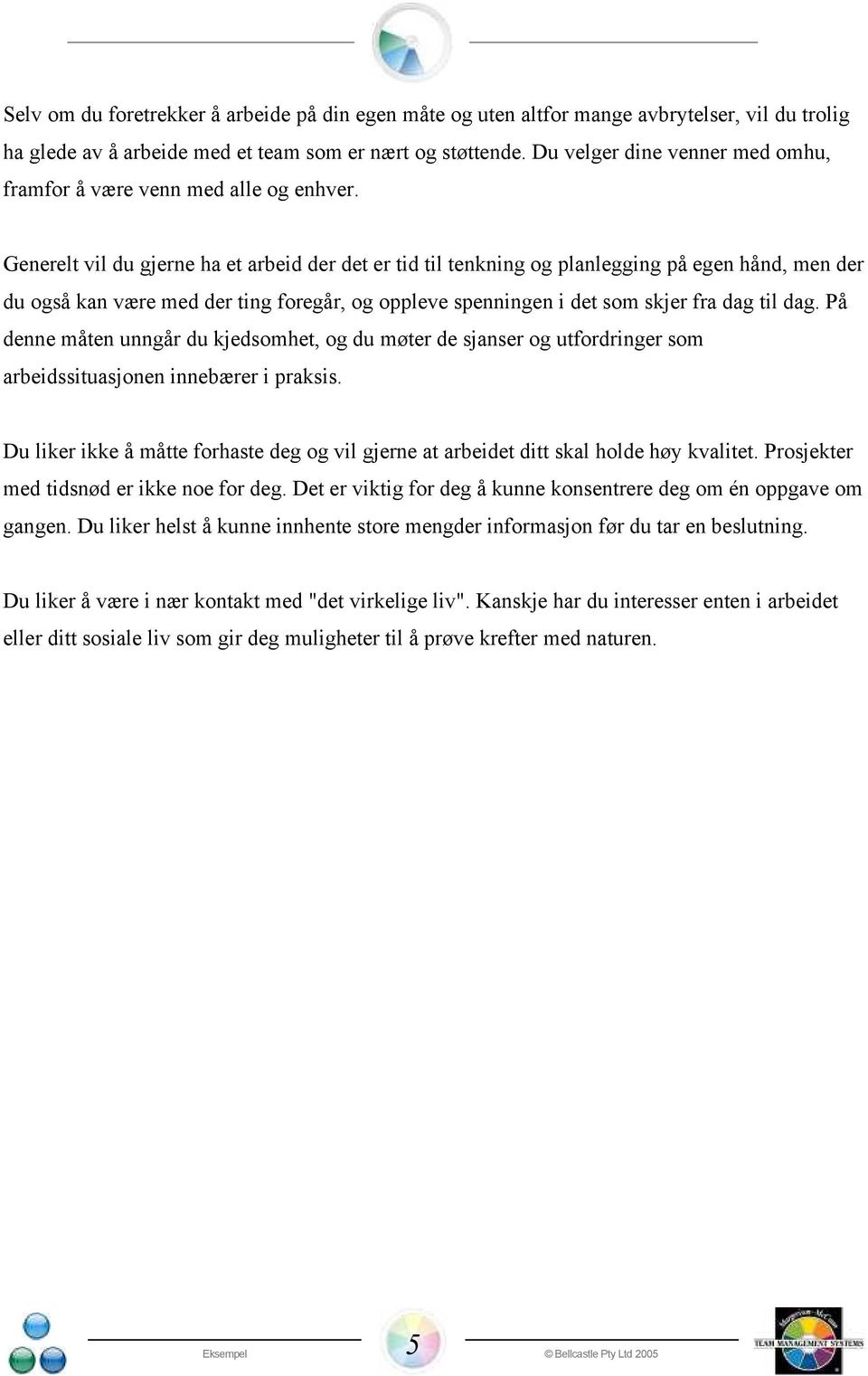 Generelt vil du gjerne ha et arbeid der det er tid til tenkning og planlegging på egen hånd, men der du også kan være med der ting foregår, og oppleve spenningen i det som skjer fra dag til dag.