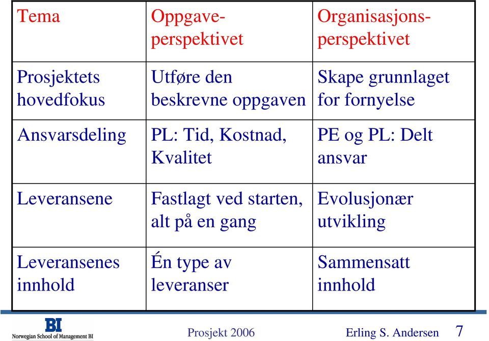 type av leveranser Oppgaveperspektivet Organisasjonsperspektivet Skape grunnlaget for