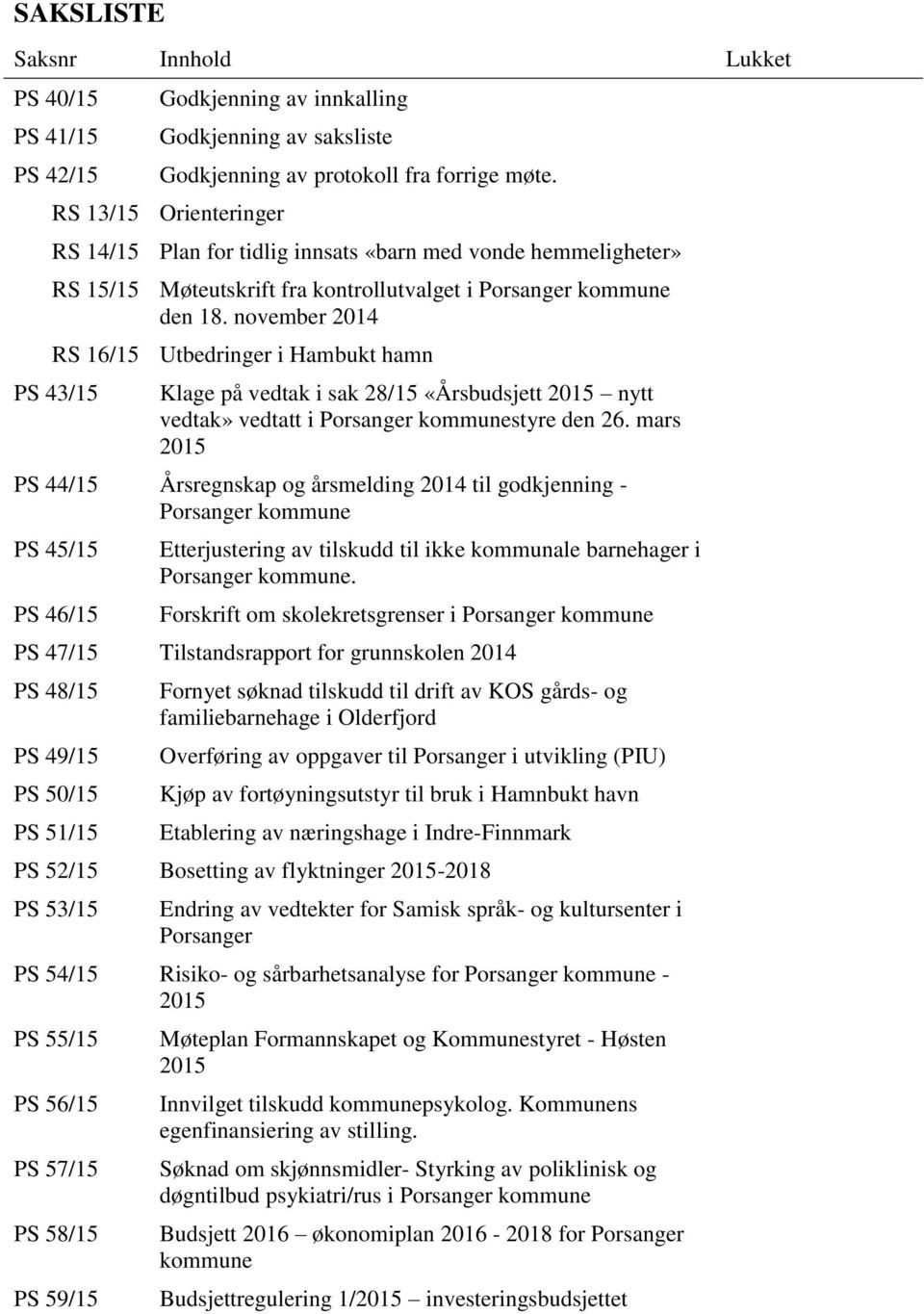 november 2014 RS 16/15 Utbedringer i Hambukt hamn PS 43/15 Klage på vedtak i sak 28/15 «Årsbudsjett 2015 nytt vedtak» vedtatt i Porsanger kommunestyre den 26.