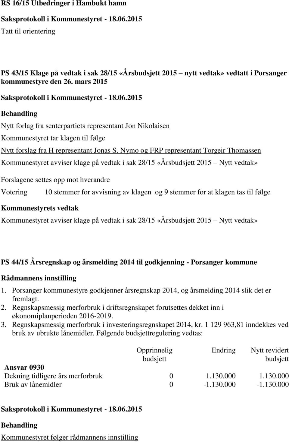 Nymo og FRP representant Torgeir Thomassen Kommunestyret avviser klage på vedtak i sak 28/15 «Årsbudsjett 2015 Nytt vedtak» Forslagene settes opp mot hverandre 10 stemmer for avvisning av klagen og 9