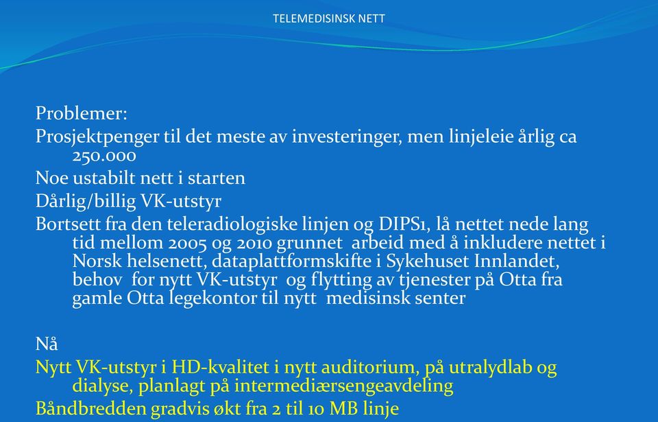 grunnet arbeid med å inkludere nettet i Norsk helsenett, dataplattformskifte i Sykehuset Innlandet, behov for nytt VK-utstyr og flytting av tjenester på