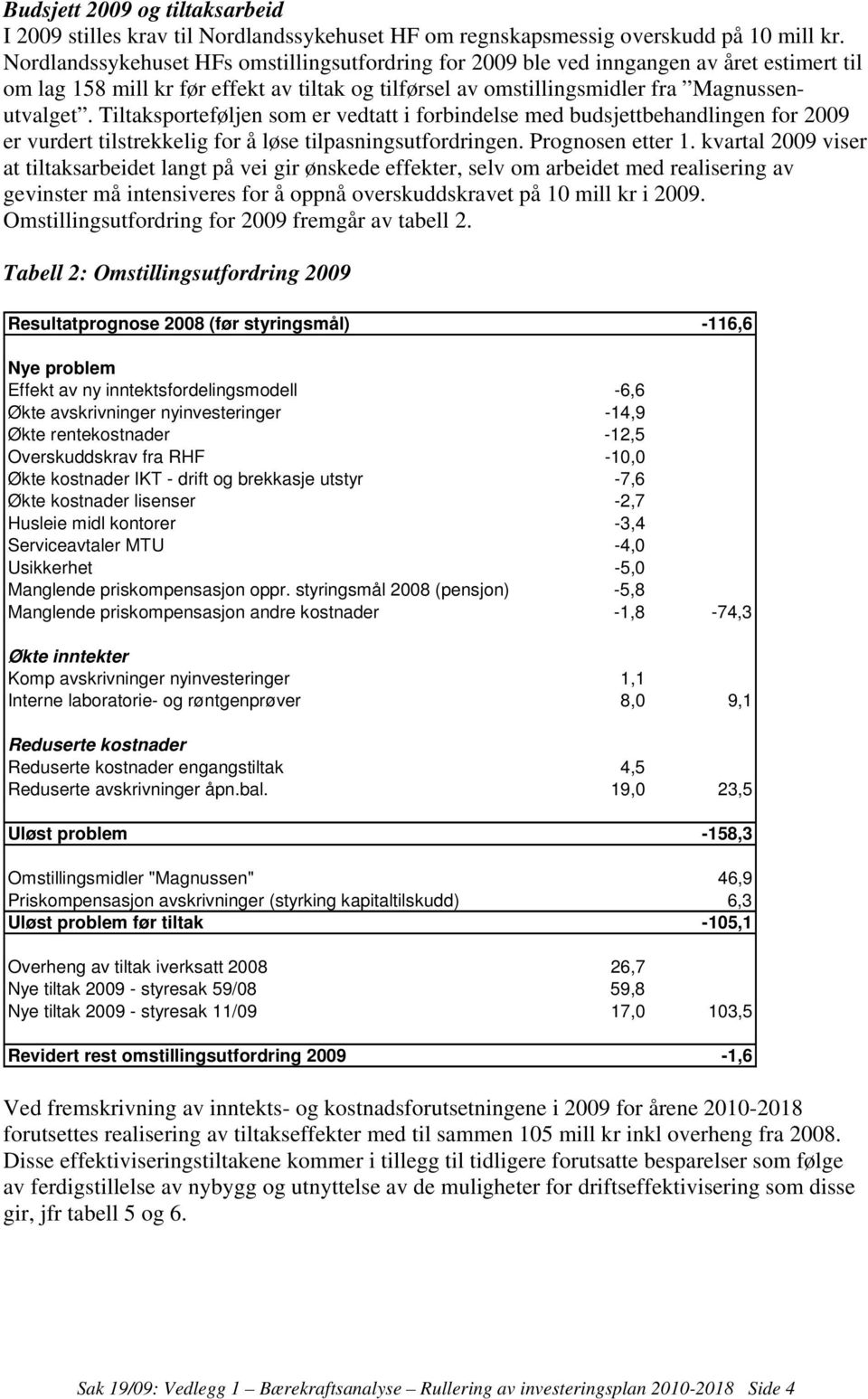 Tiltaksporteføljen som er vedtatt i forbindelse med budsjettbehandlingen for 2009 er vurdert tilstrekkelig for å løse tilpasningsutfordringen. Prognosen etter 1.