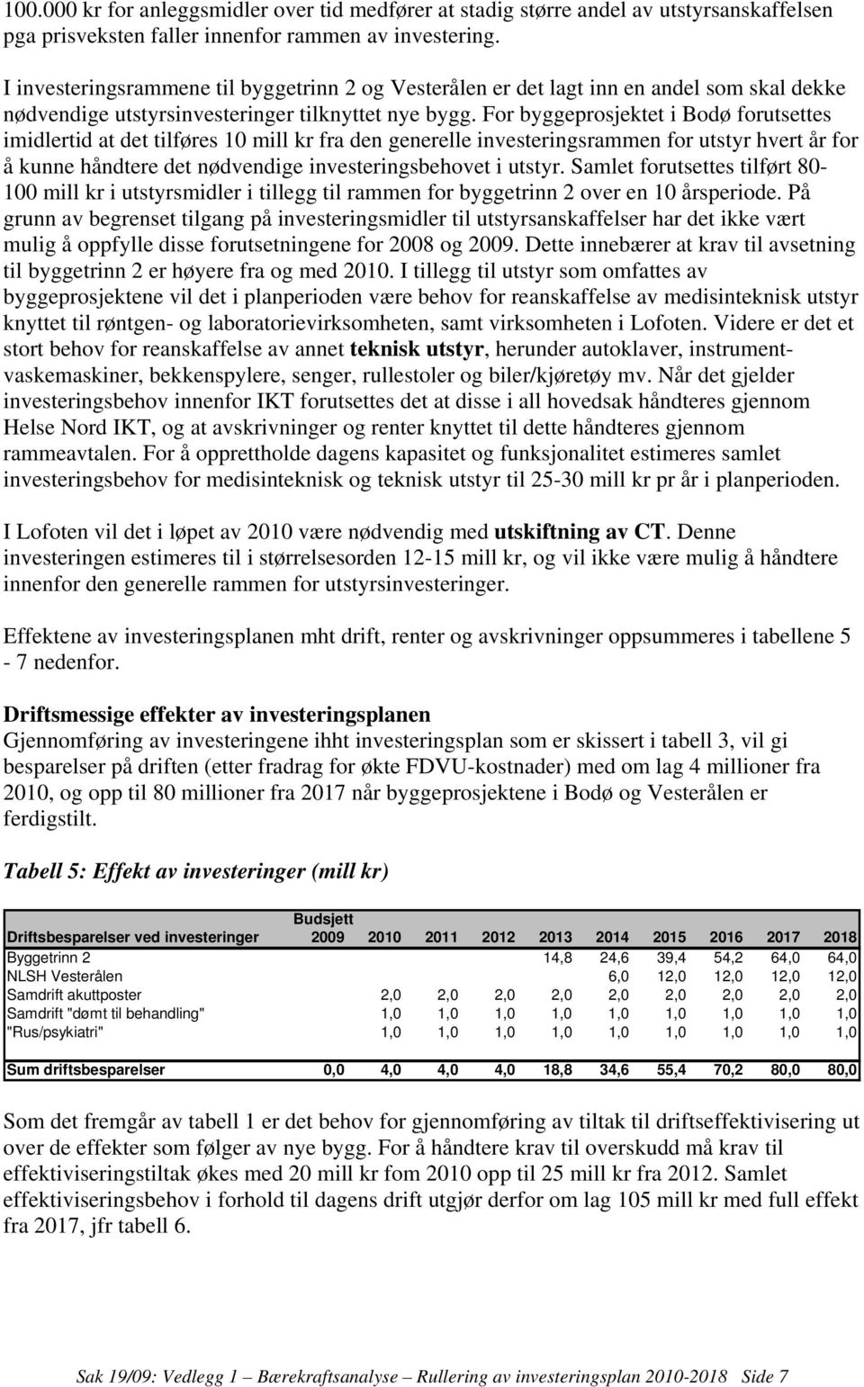 For byggeprosjektet i Bodø forutsettes imidlertid at det tilføres 10 mill kr fra den generelle investeringsrammen for utstyr hvert år for å kunne håndtere det nødvendige investeringsbehovet i utstyr.