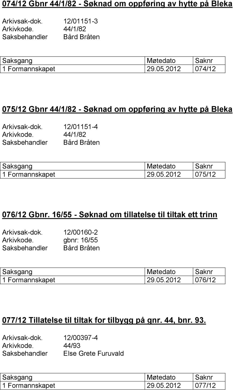 2012 075/12 076/12 Gbnr. 16/55 - Søknad om tillatelse til tiltak ett trinn Arkivsak-dok. 12/00160-2 Arkivkode. gbnr: 16/55 1 Formannskapet 29.05.