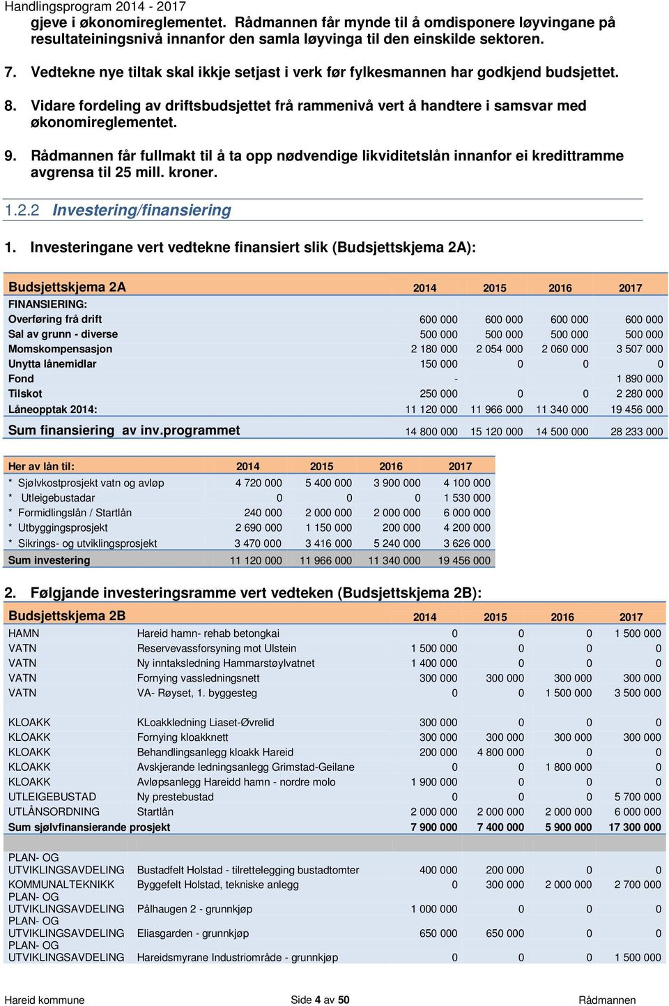 Rådmannen får fullmakt til å ta opp nødvendige likviditetslån innanfor ei kredittramme avgrensa til 25 mill. kroner. 1.2.2 Investering/finansiering 1.