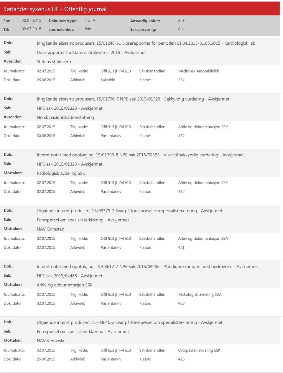 2015 Arkivdel: Sakarkiv 254 Inngående eksternt produsert, 15/01796-7 NPE-sak 2015/01323 - Sakkyndig vurdering - NPE-sak 2015/01323 - Norsk pasientskadeerstatning Dok. dato: 30.06.