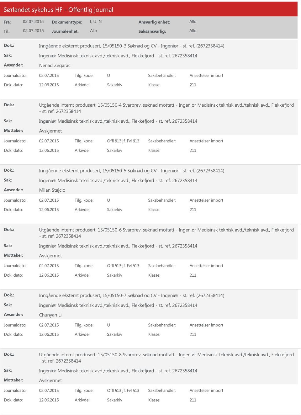 2015 Arkivdel: Sakarkiv Inngående eksternt produsert, 15/05150-5 Søknad og CV - Ingeniør - st. ref. (2672358414) Milan Stajcic Dok. dato: 12.06.