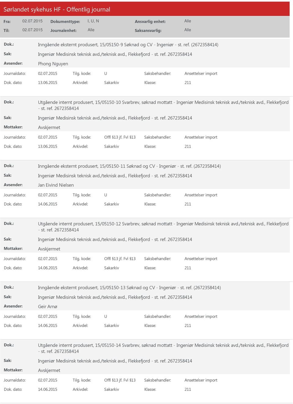 2015 Arkivdel: Sakarkiv Inngående eksternt produsert, 15/05150-11 Søknad og CV - Ingeniør - st. ref. (2672358414) Jan Eivind Nielsen Dok. dato: 14.06.