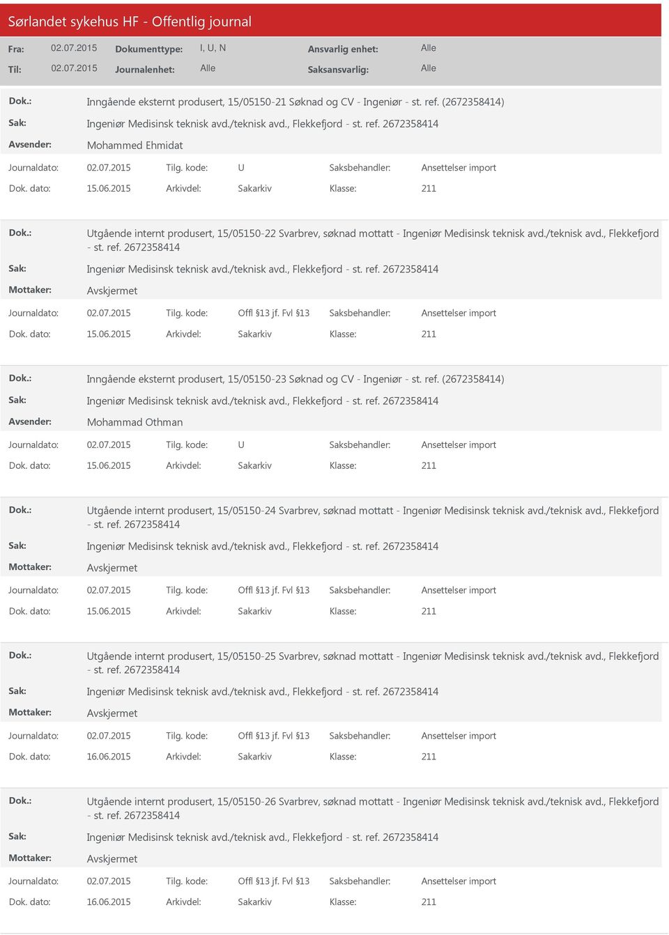 2015 Arkivdel: Sakarkiv Inngående eksternt produsert, 15/05150-23 Søknad og CV - Ingeniør - st. ref. (2672358414) Mohammad Othman Dok. dato: 15.06.