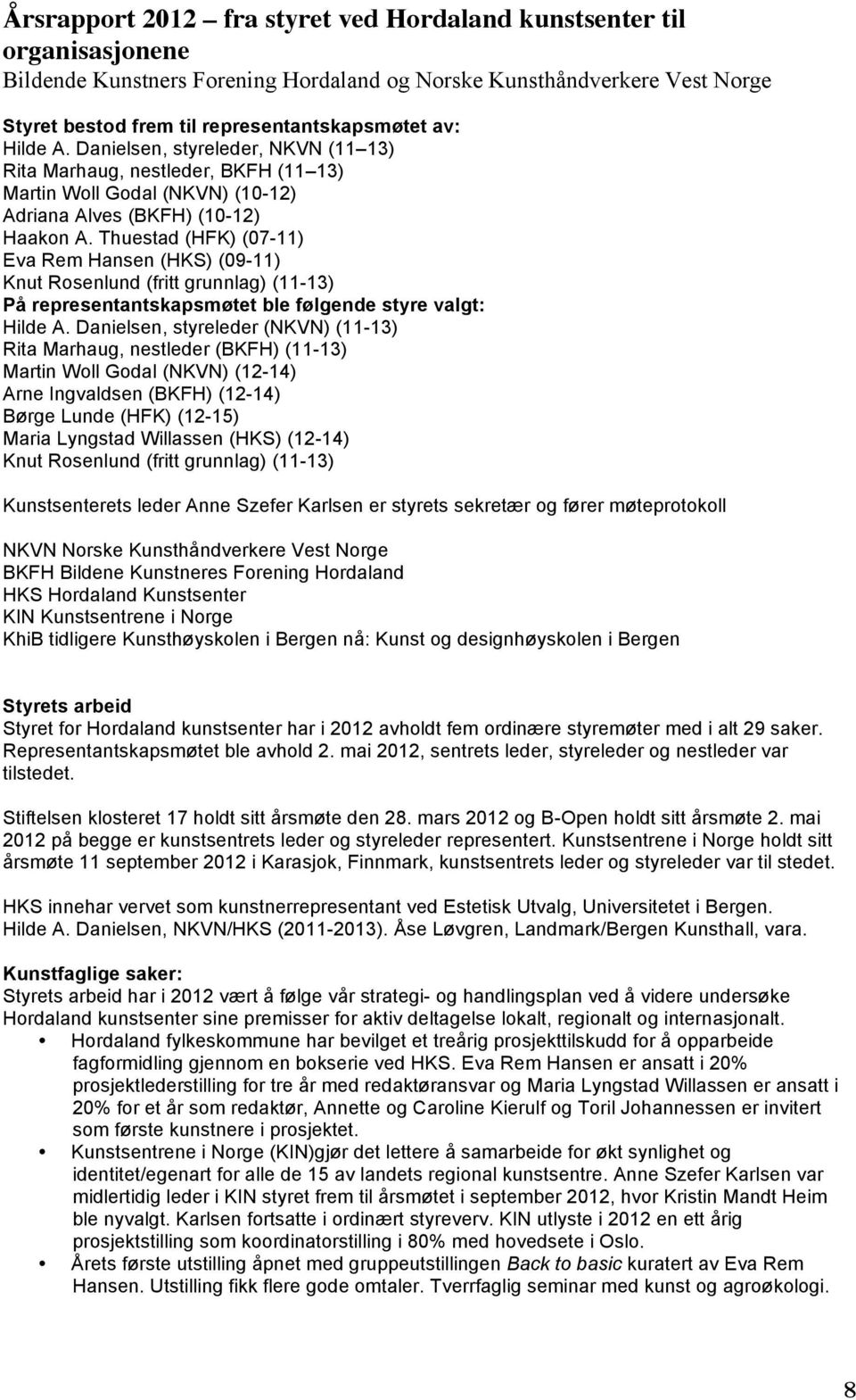 Thuestad (HFK) (07-11) Eva Rem Hansen (HKS) (09-11) Knut Rosenlund (fritt grunnlag) (11-13) På representantskapsmøtet ble følgende styre valgt: Hilde A.