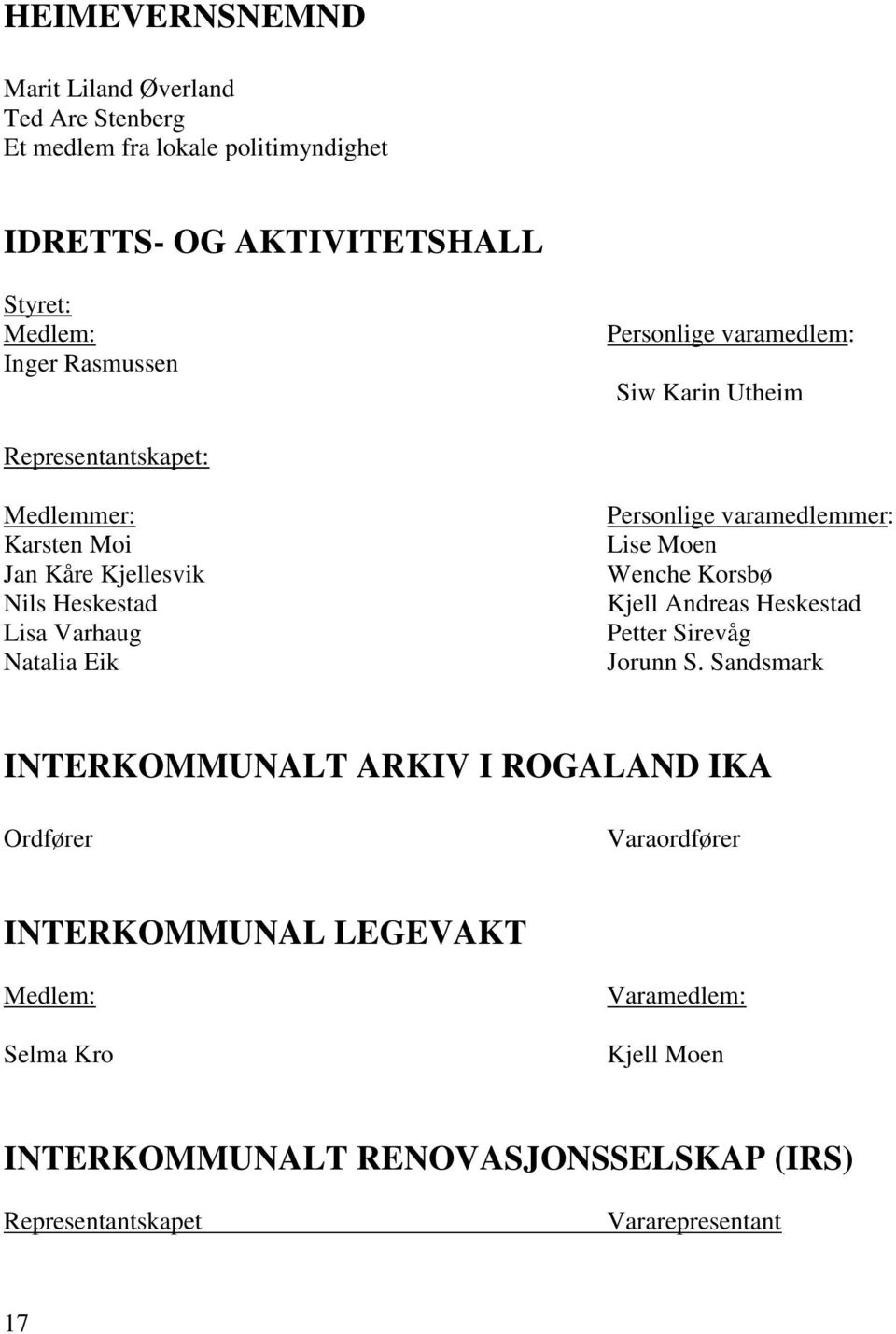 varamedlemmer: Lise Moen Wenche Korsbø Kjell Andreas Heskestad Petter Sirevåg Jorunn S.