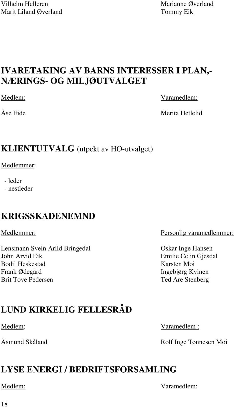 Eik Bodil Heskestad Frank Ødegård Brit Tove Pedersen Personlig varamedlemmer: Oskar Inge Hansen Emilie Celin Gjesdal Karsten Moi Ingebjørg