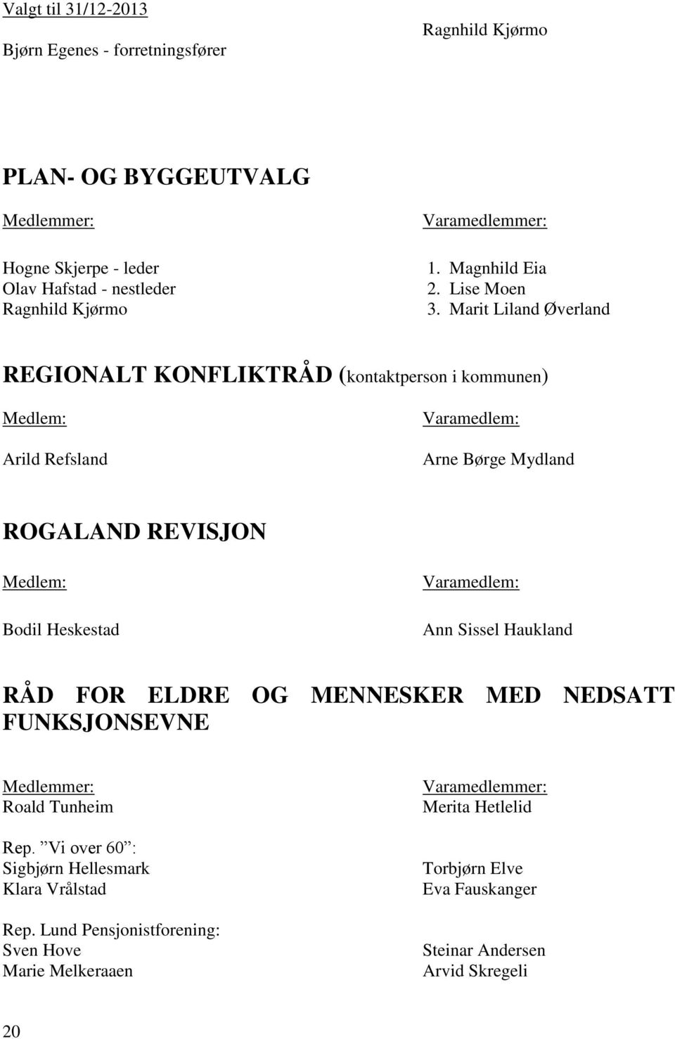 Marit Liland Øverland REGIONALT KONFLIKTRÅD (kontaktperson i kommunen) Arild Refsland Varamedlem: Arne Børge Mydland ROGALAND REVISJON Bodil Heskestad