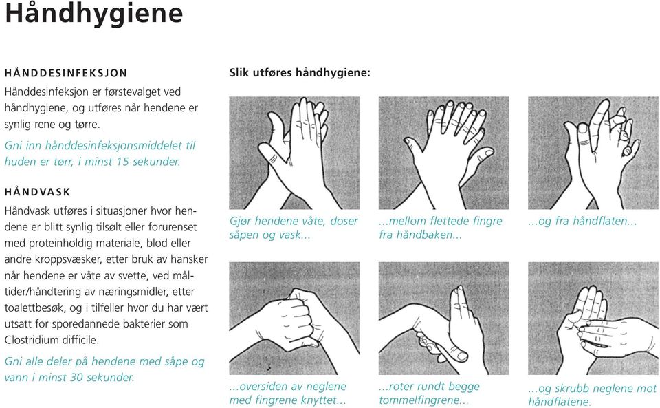 H Å N D VA S K Håndvask utføres i situasjoner hvor hendene er blitt synlig tilsølt eller forurenset med proteinholdig materiale, blod eller andre kroppsvæsker, etter bruk av hansker når hendene er