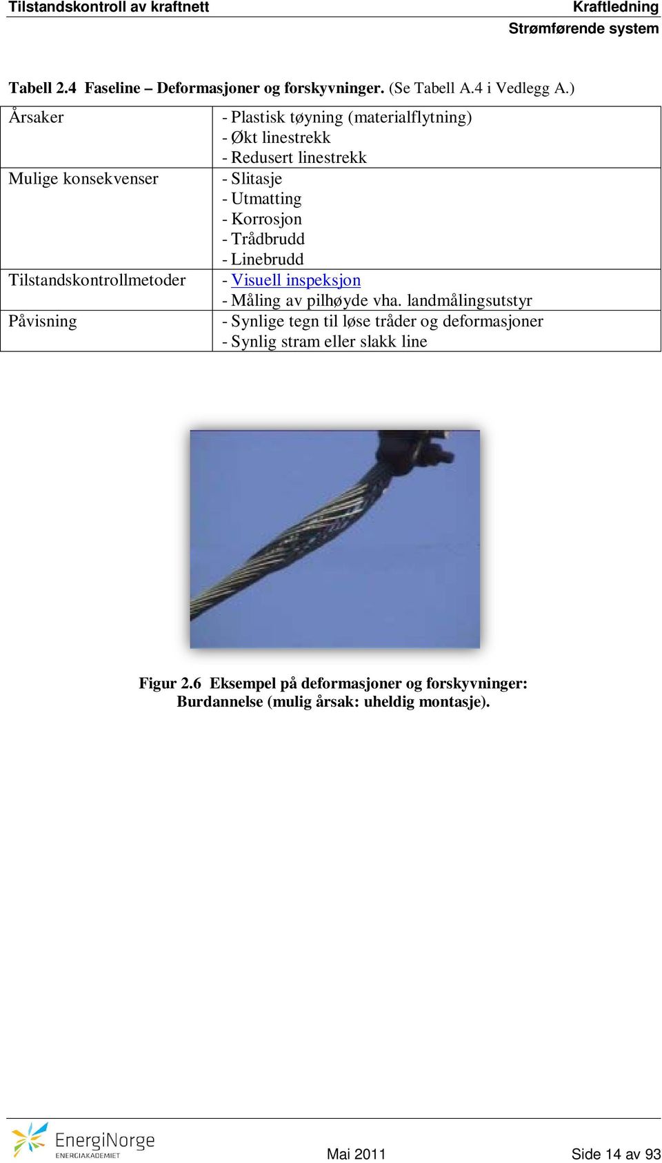 - Slitasje - Utmatting - Korrosjon - Trådbrudd - Linebrudd - Visuell inspeksjon - Måling av pilhøyde vha.