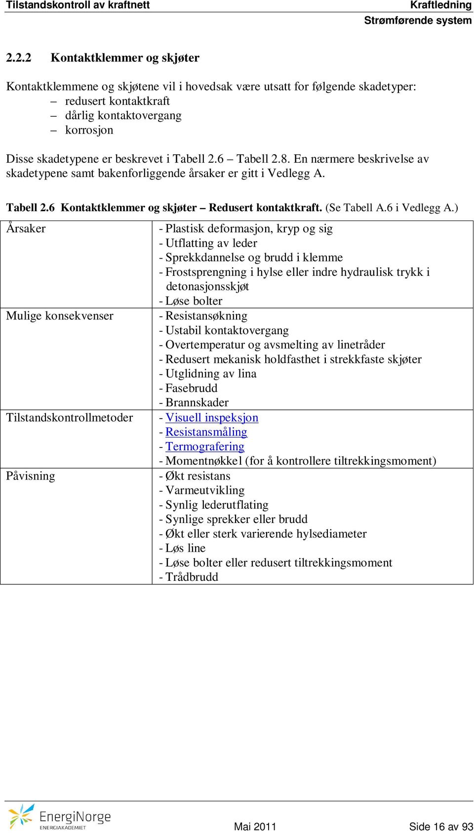 Tabell 2.6 Tabell 2.8. En nærmere beskrivelse av skadetypene samt bakenforliggende årsaker er gitt i Vedlegg A. Tabell 2.6 Kontaktklemmer og skjøter Redusert kontaktkraft. (Se Tabell A.6 i Vedlegg A.