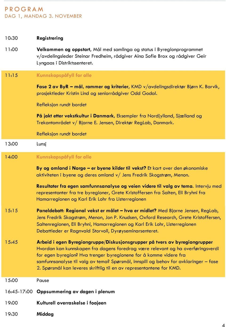 Distriktssenteret. 11:15 Kunnskapspåfyll for alle 13:00 Lunsj 15:00 Pause Fase 2 av ByR mål, rammer og kriterier, KMD v/avdelingsdirektør Bjørn K.