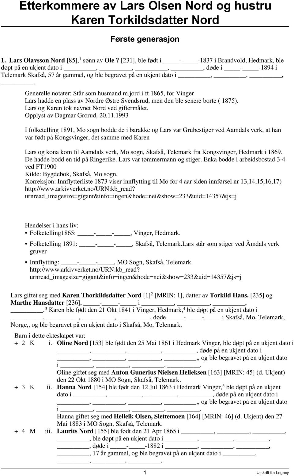 Generelle notater: Står som husmand m.jord i ft 1865, for Vinger Lars hadde en plass av Nordre Østre Svendsrud, men den ble senere borte ( 1875). Lars og Karen tok navnet Nord ved giftermålet.