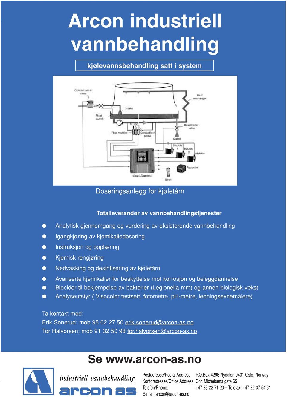 kjemikalier for beskyttelse mot korrosjon og beleggdannelse Biocider til bekjempelse av bakterier (Legionella mm) og annen biologisk vekst Analyseutstyr ( Visocolor testsett,
