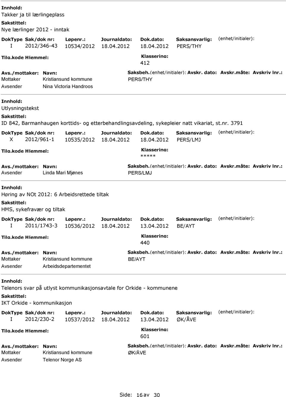 /mottaker: Navn: Saksbeh. Avskr. dato: Avskr.måte: Avskriv lnr.: Linda Mari Mjønes PERS/LMJ Høring av NOt 2012: 6 Arbeidsrettede tiltak HMS, sykefravær og tiltak 2011/1743-3 10536/2012 13.04.