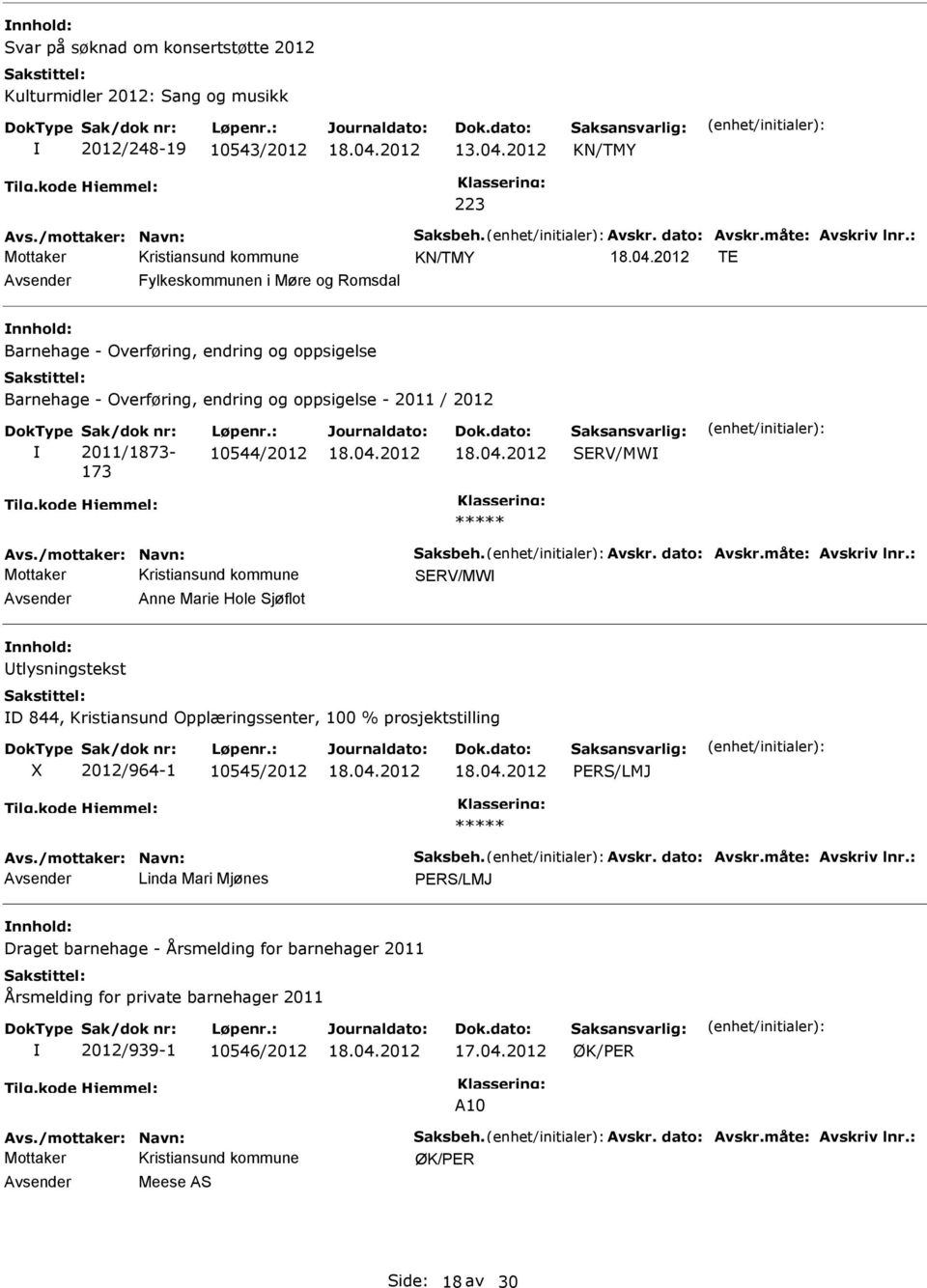 : 10544/2012 SERV/MW Avs./mottaker: Navn: Saksbeh. Avskr. dato: Avskr.måte: Avskriv lnr.