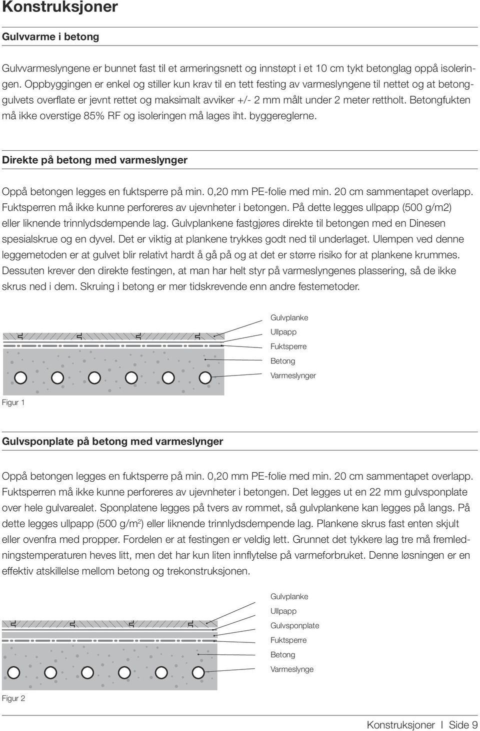 Betongfukten må ikke overstige 85% RF og isoleringen må lages iht. byggereglerne. Direkte på betong med varmeslynger Oppå betongen legges en fuktsperre på min. 0,20 mm PE-folie med min.