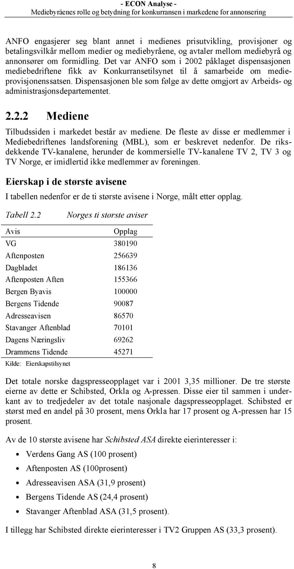 Dispensasjonen ble som følge av dette omgjort av Arbeids- og administrasjonsdepartementet. 2.2.2 Mediene Tilbudssiden i markedet består av mediene.