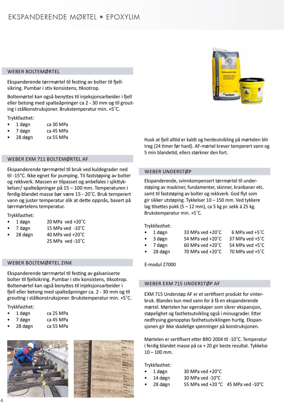 1 døgn ca 30 MPa 7 døgn ca 45 MPa 28 døgn ca 55 MPa Weber Exm 711 Boltemørtel AF Ekspanderende tørrmørtel til bruk ved kuldegrader ned til -15 C. Ikke egnet for pumping.