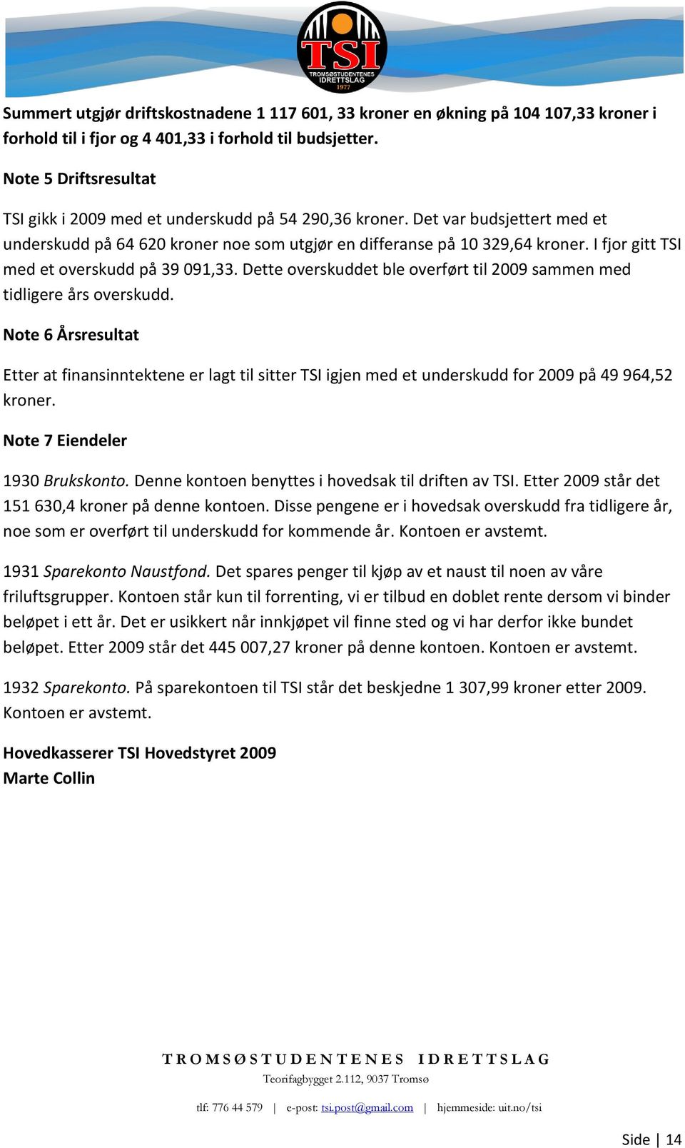 I fjor gitt TSI med et overskudd på 39 091,33. Dette overskuddet ble overført til 2009 sammen med tidligere års overskudd.