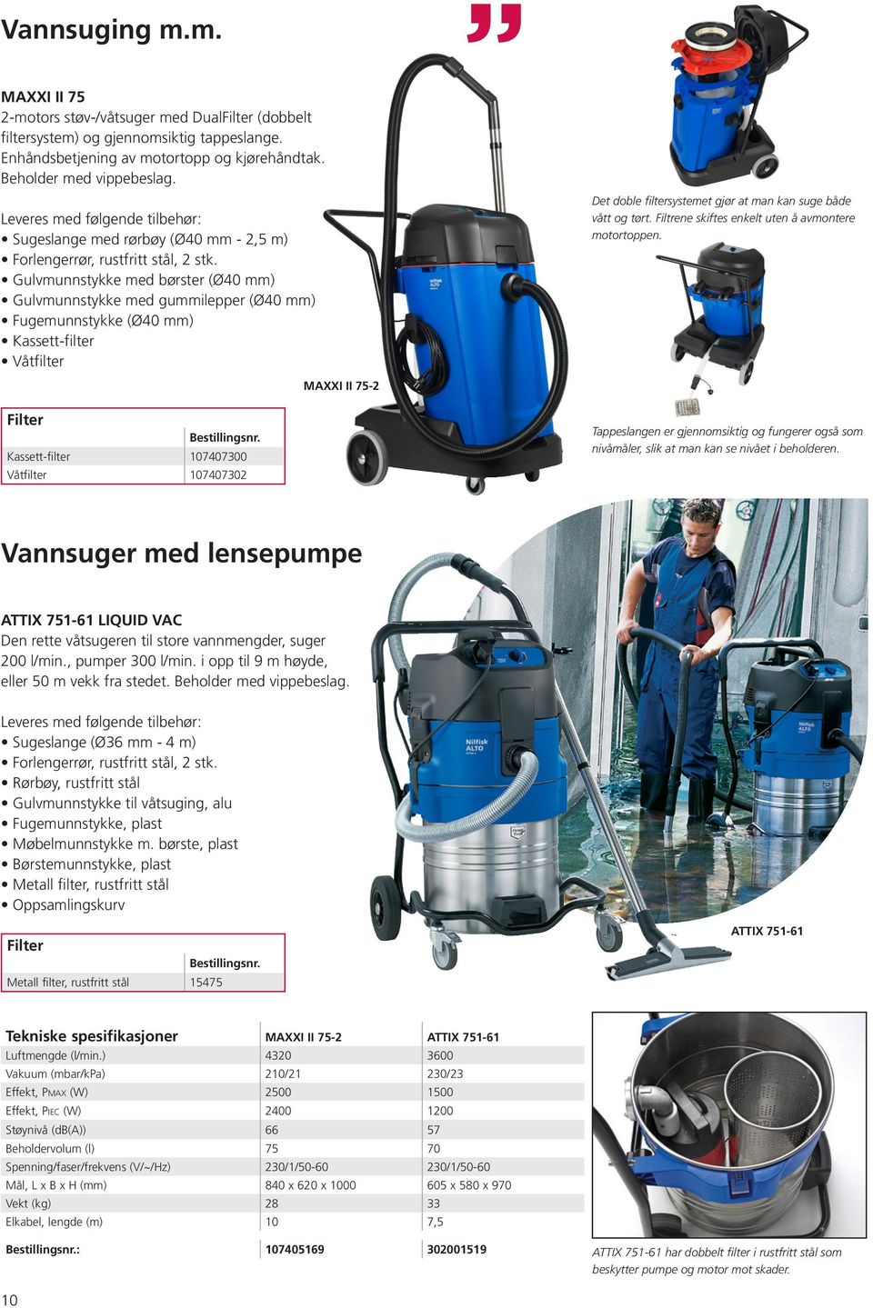 Gulvmunnstykke med børster (Ø40 mm) Gulvmunnstykke med gummilepper (Ø40 mm) Fugemunnstykke (Ø40 mm) Kassett-filter Våtfilter Det doble filtersystemet gjør at man kan suge både vått og tørt.