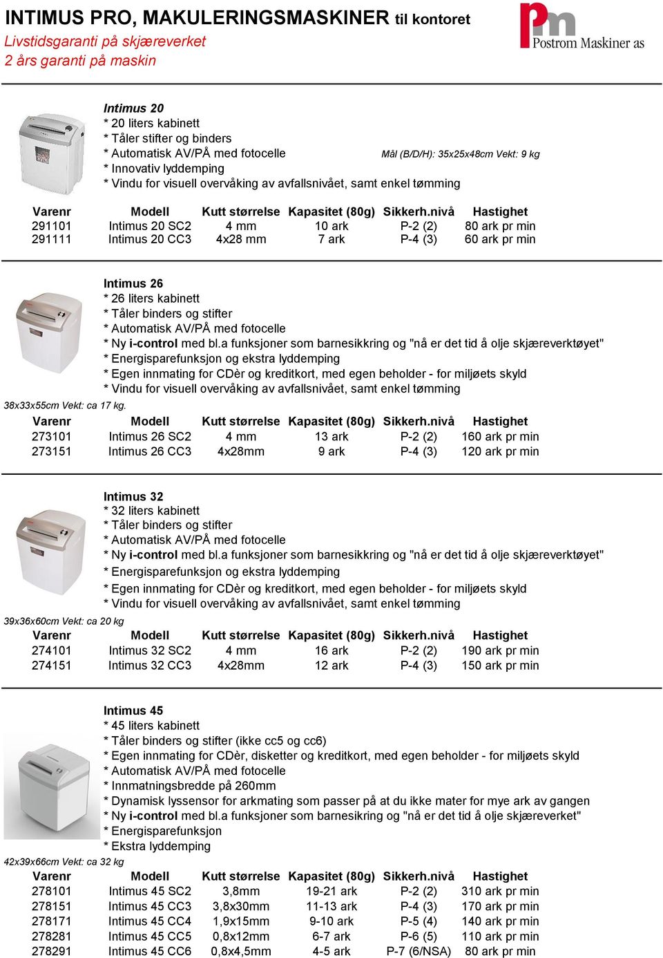 nivå Hastighet 291101 Intimus 20 SC2 4 mm 10 ark P-2 (2) 80 ark pr min 291111 Intimus 20 CC3 4x28 mm 7 ark P-4 (3) 60 ark pr min Intimus 26 * 26 liters kabinett * Tåler binders og stifter *