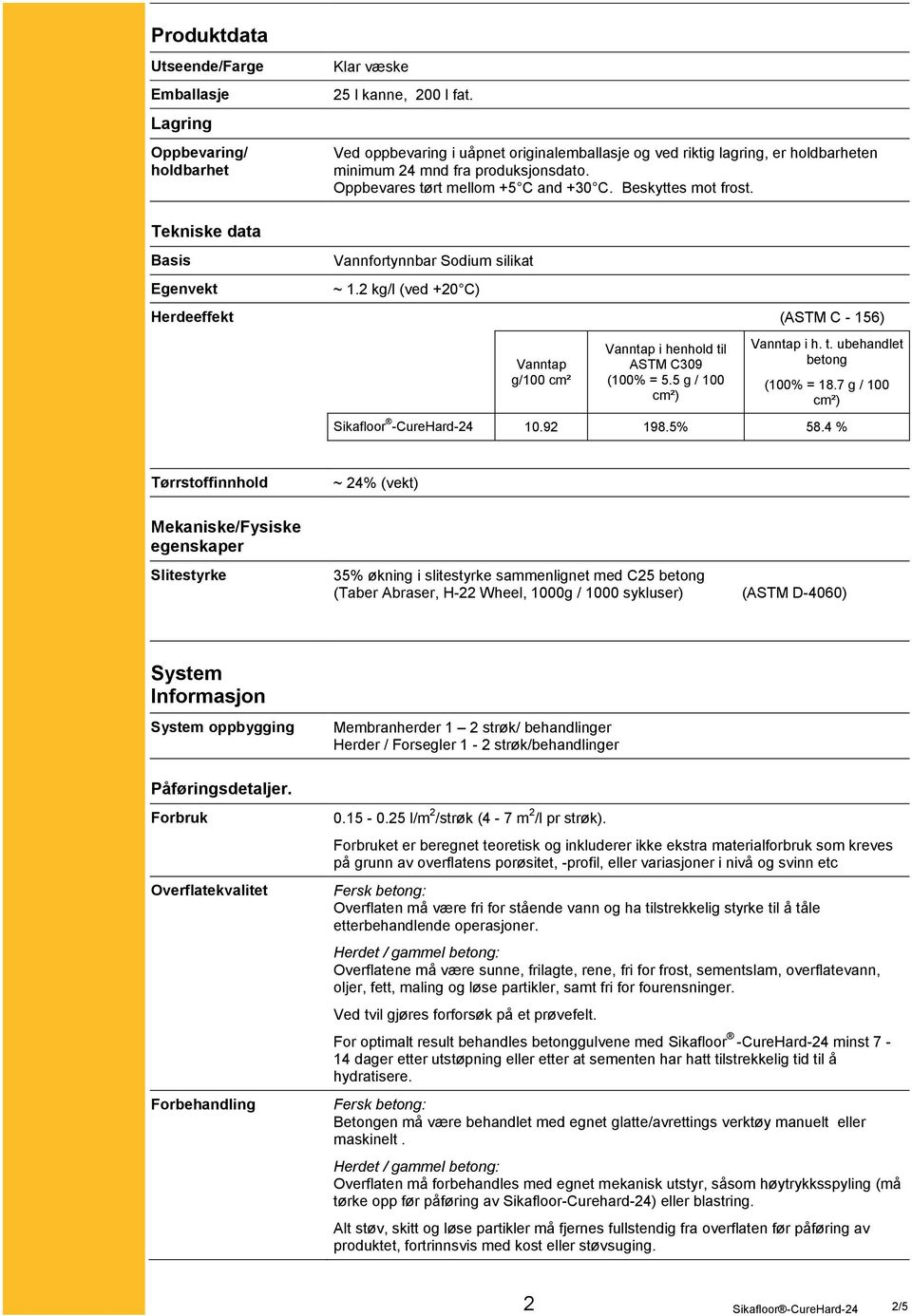 Tekniske data Basis Egenvekt Herdeeffekt Vannfortynnbar Sodium silikat ~ 1.2 kg/l (ved +20 C) Vanntap g/100 cm² Vanntap i henhold til ASTM C309 (100% = 5.5 g / 100 cm²) (ASTM C - 156) Vanntap i h. t. ubehandlet betong (100% = 18.