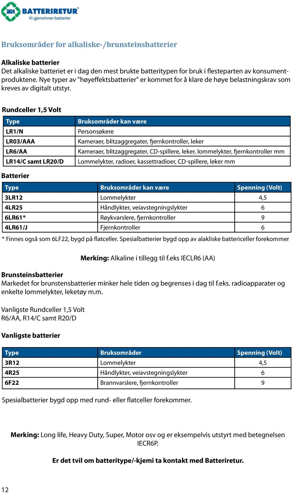 Rundceller 1,5 Volt Type LR1/N LR03/AAA LR6/AA LR14/C samt LR20/D Bruksområder kan være Personsøkere Kameraer, blitzaggregater, fjernkontroller, leker Kameraer, blitzaggregater, CD-spillere, leker,