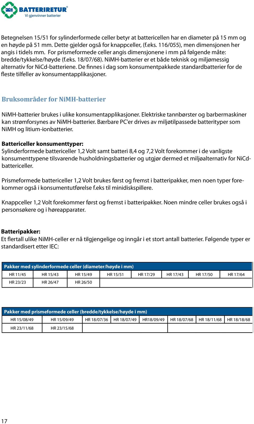 NiMH-batterier er et både teknisk og miljømessig alternativ for NiCd-batteriene. De finnes i dag som konsumentpakkede standardbatterier for de fleste tilfeller av konsumentapplikasjoner.