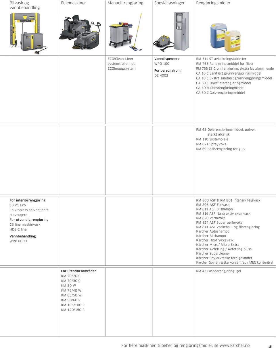 grunnrengjøringsmiddel CA 10 C Ekstra sanitært grunnrengjøringsmiddel CA 30 C Overflaterengjøringmiddel CA 40 R Glassrengjøringmiddel CA 50 C Gulvrengjøringsmiddel RM 63 Delerengjøringsmiddel,