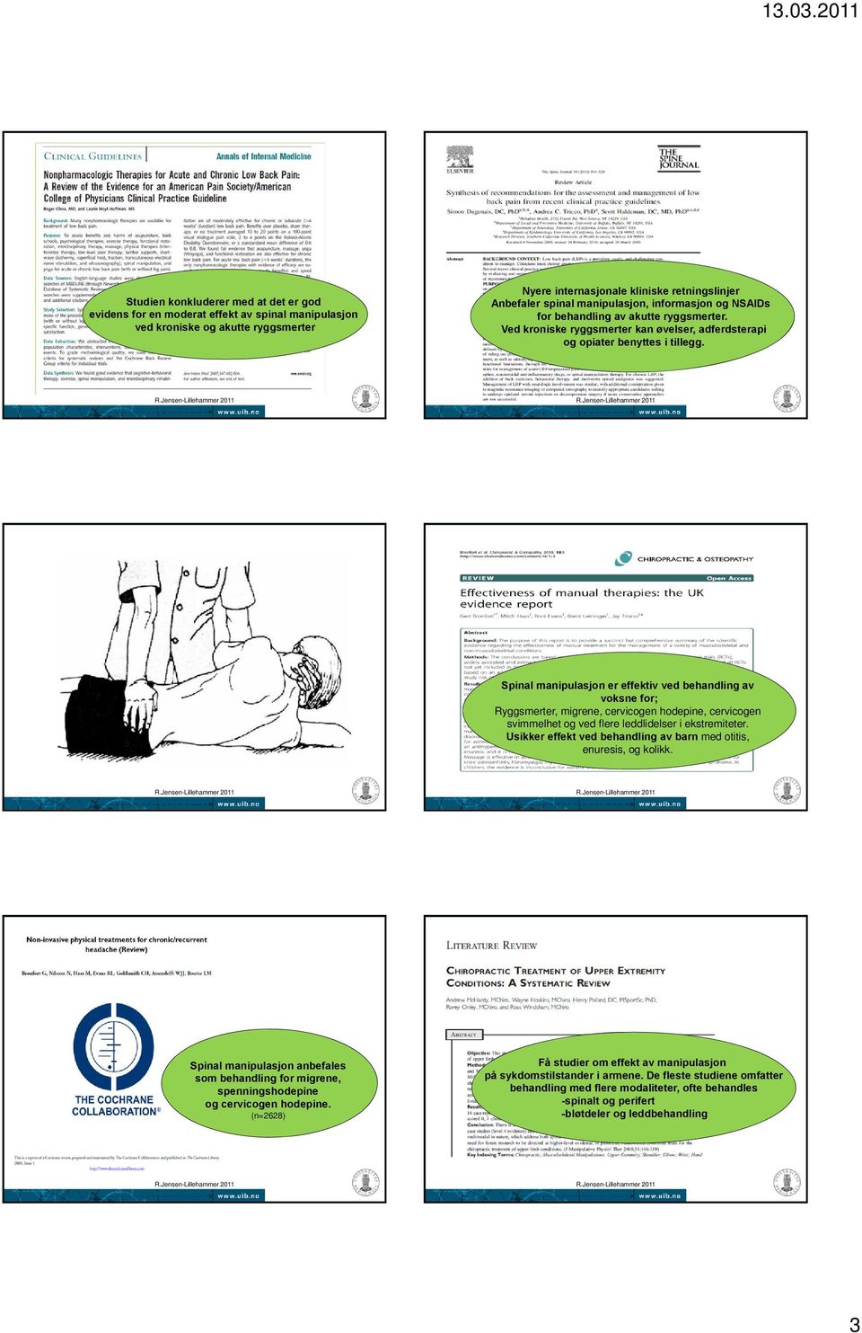 Spinal manipulasjon er effektiv ved behandling av voksne for; Ryggsmerter, migrene, cervicogen hodepine, cervicogen svimmelhet og ved flere leddlidelser i ekstremiteter.