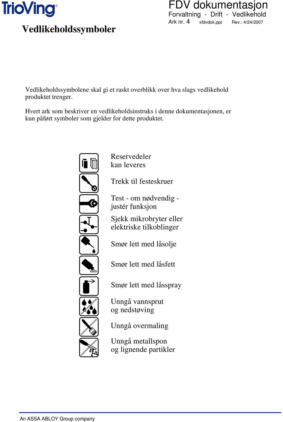 Hvert ark som beskriver en vedlikeholdsinstruks i denne dokumentasjonen, er kun påført symboler som gjelder for dette produktet.