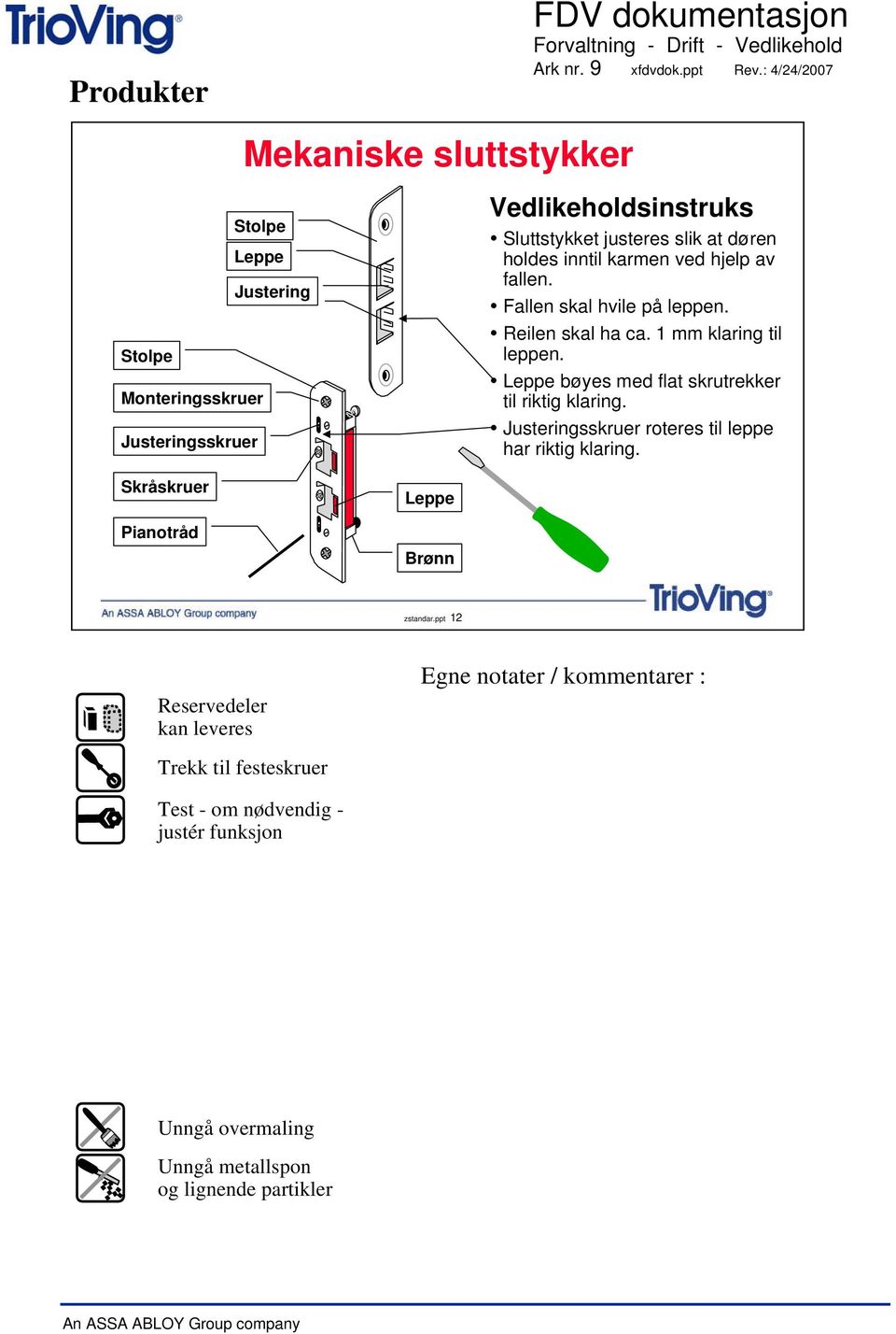 holdes inntil karmen ved hjelp av fallen. Fallen skal hvile på leppen. Reilen skal ha ca. 1 mm klaring til leppen.