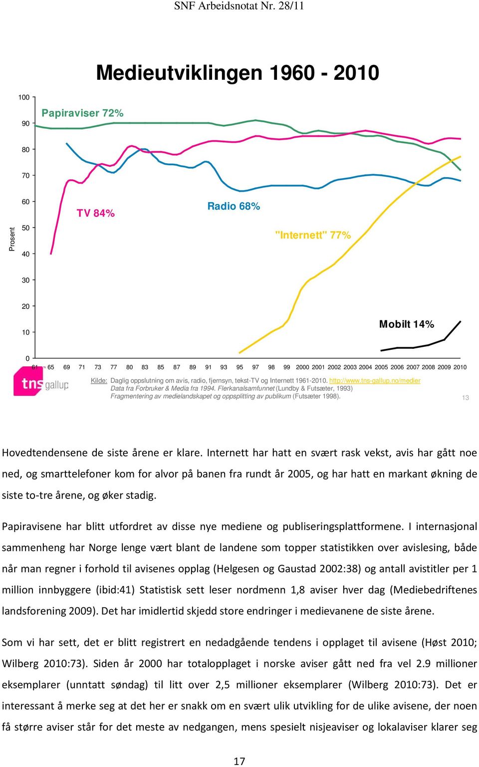 Flerkanalsamfunnet (Lundby & Futsæter, 1993) Fragmentering av medielandskapet og oppsplitting av publikum (Futsæter 1998). 13 Hovedtendensene de siste årene er klare.