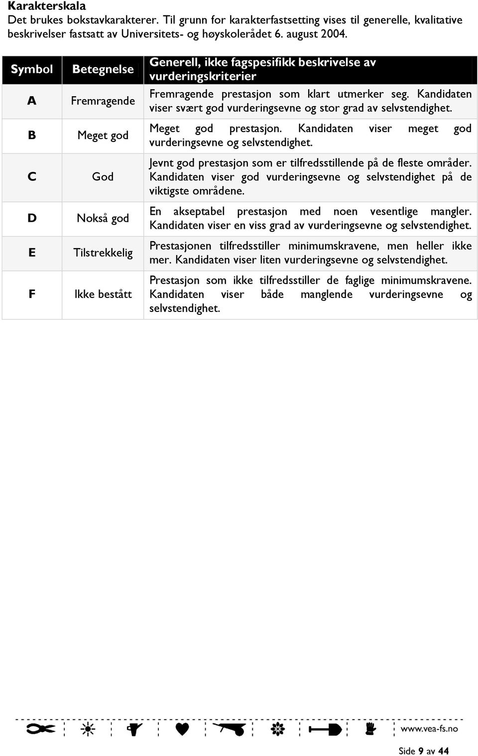 seg. Kandidaten viser svært god vurderingsevne og stor grad av selvstendighet. Meget god prestasjon. Kandidaten viser meget god vurderingsevne og selvstendighet.