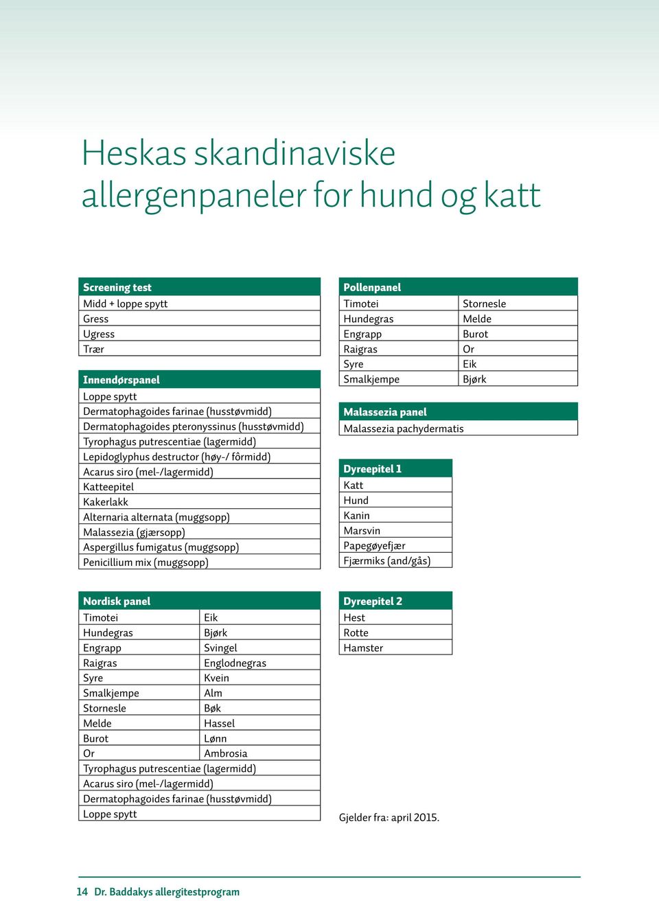 (gjærsopp) Aspergillus fumigatus (muggsopp) Penicillium mix (muggsopp) Pollenpanel Timotei Hundegras Engrapp Raigras Syre Smalkjempe Malassezia panel Malassezia pachydermatis Dyreepitel 1 Katt Hund