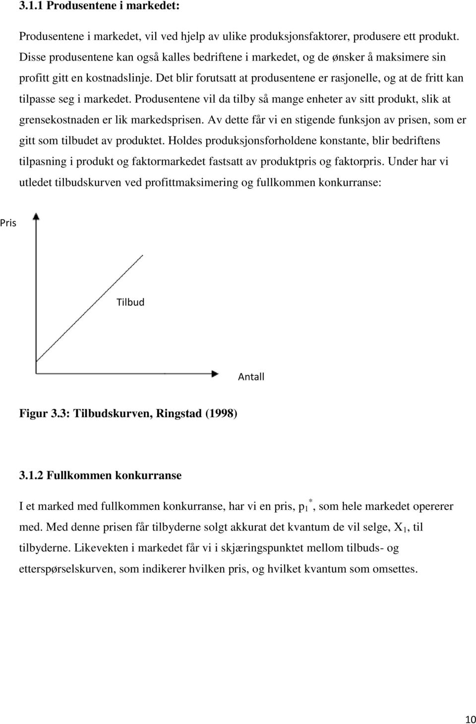 Det blir forutsatt at produsentene er rasjonelle, og at de fritt kan tilpasse seg i markedet. Produsentene vil da tilby så mange enheter av sitt produkt, slik at grensekostnaden er lik markedsprisen.