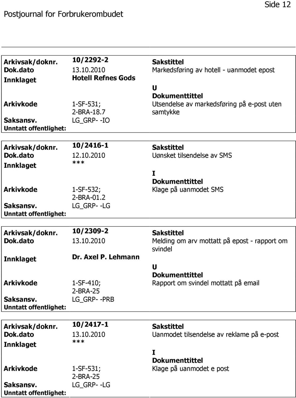 2 Klage på uanmodet SMS LG_GRP- -LG Arkivsak/doknr. 10/2309-2 Sakstittel Dok.dato 13.10.2010 Melding om arv mottatt på epost - rapport om svindel nnklaget Dr. Axel P.